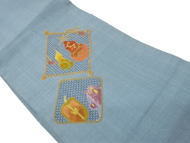 JAPANESE KIMONO / TSUMUGI SHANTOU EMBROIDERY LOZENGE / GOURD / VEGETAB